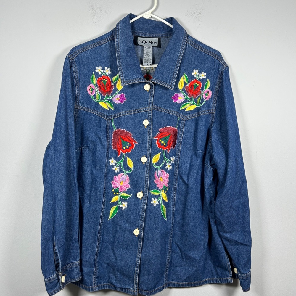 Indigo Moon Denim Floral Embroidered Shirt Jacket Women's 1X Blue Boho Top